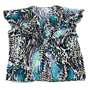 N Touch Ruffle Blouse 3X/4X‎ Multicolor Animal Print Stretch Flutter Sleeve Plus